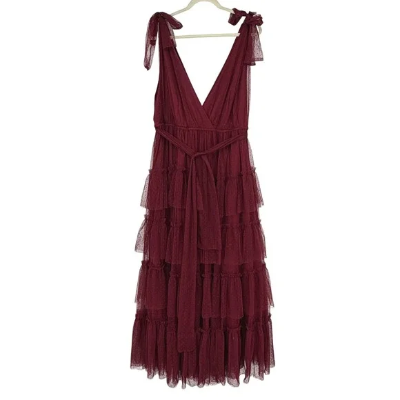 Arula Burgundy Swiss Dot Tulle Tiered Maxi Dress Size B Sleeveless Tie Shoulder - Picture 2 of 5